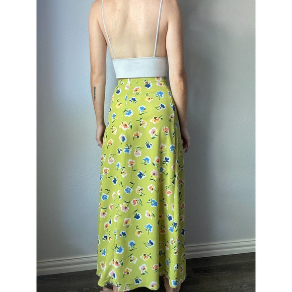 Vintage Lime Green Floral Print High Waist Maxi Slip Skirt - Picture 3 of 6